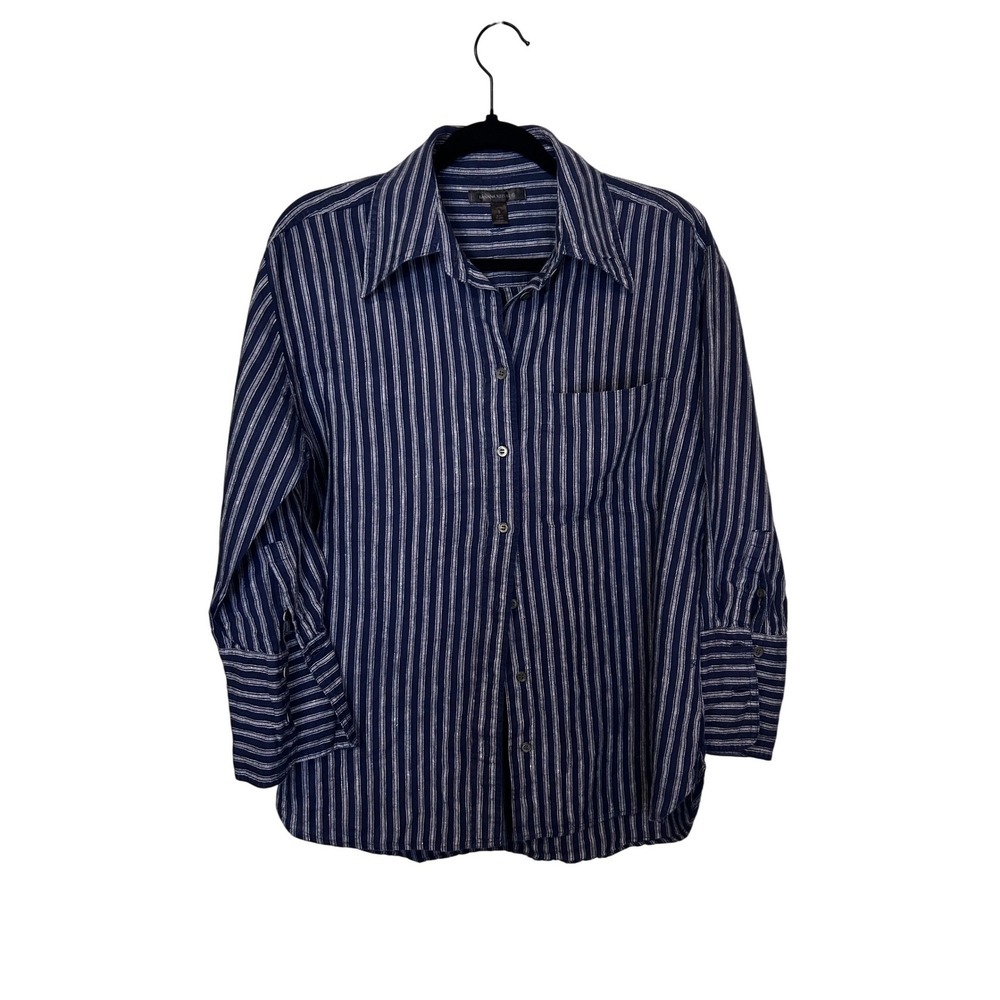 Banana Republic Petite Striped Button Down Shirt Navy White Linen Blend Size S‎